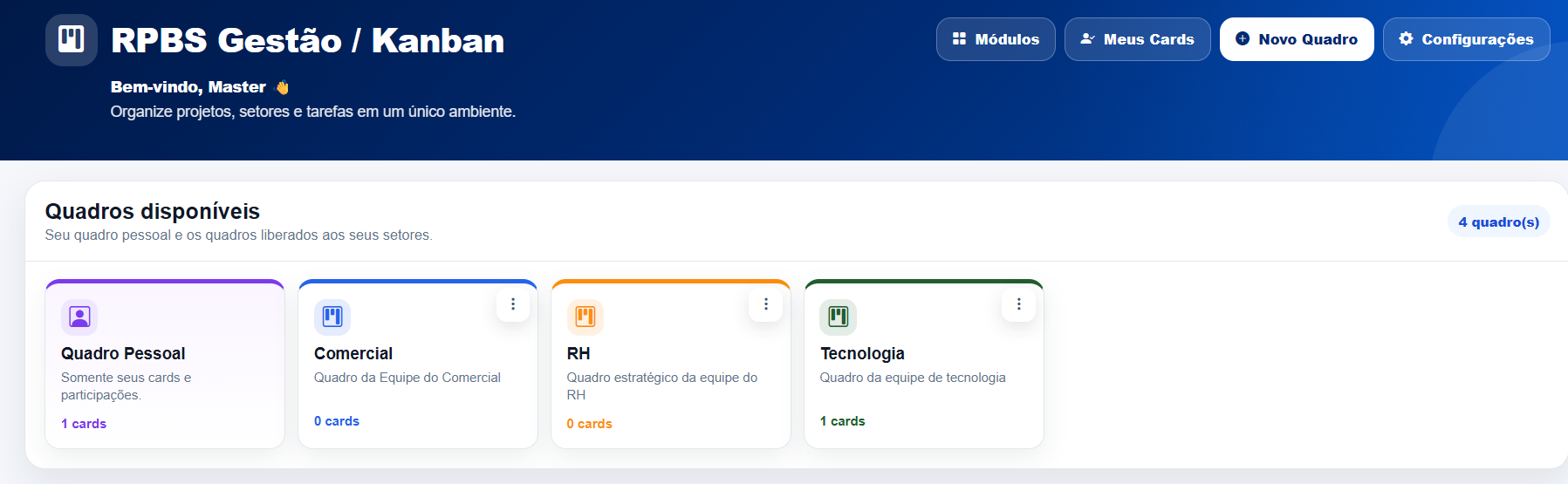 RPBS Gestão Kanban com quadros pessoais, Comercial, RH e Tecnologia