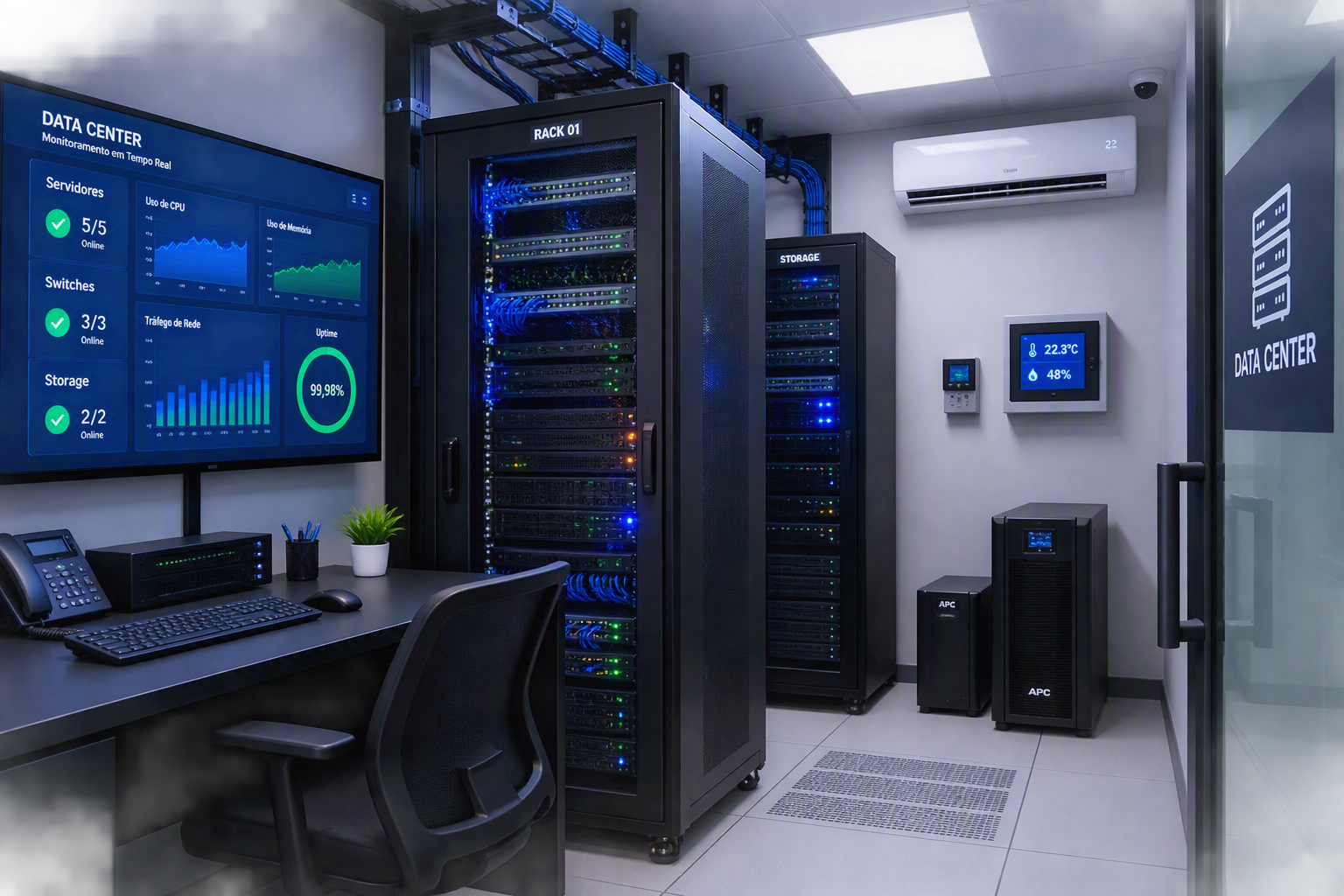 Infraestrutura de TI empresarial com servidores e data center