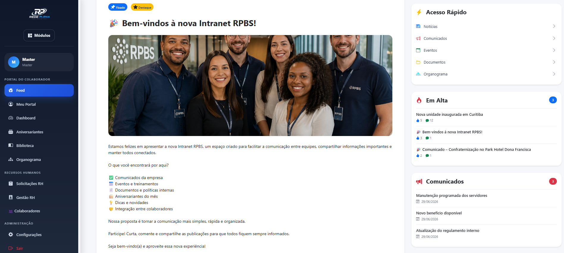 Intranet Empresarial RPBS com feed de notícias, comunicados, eventos, documentos e portal do colaborador