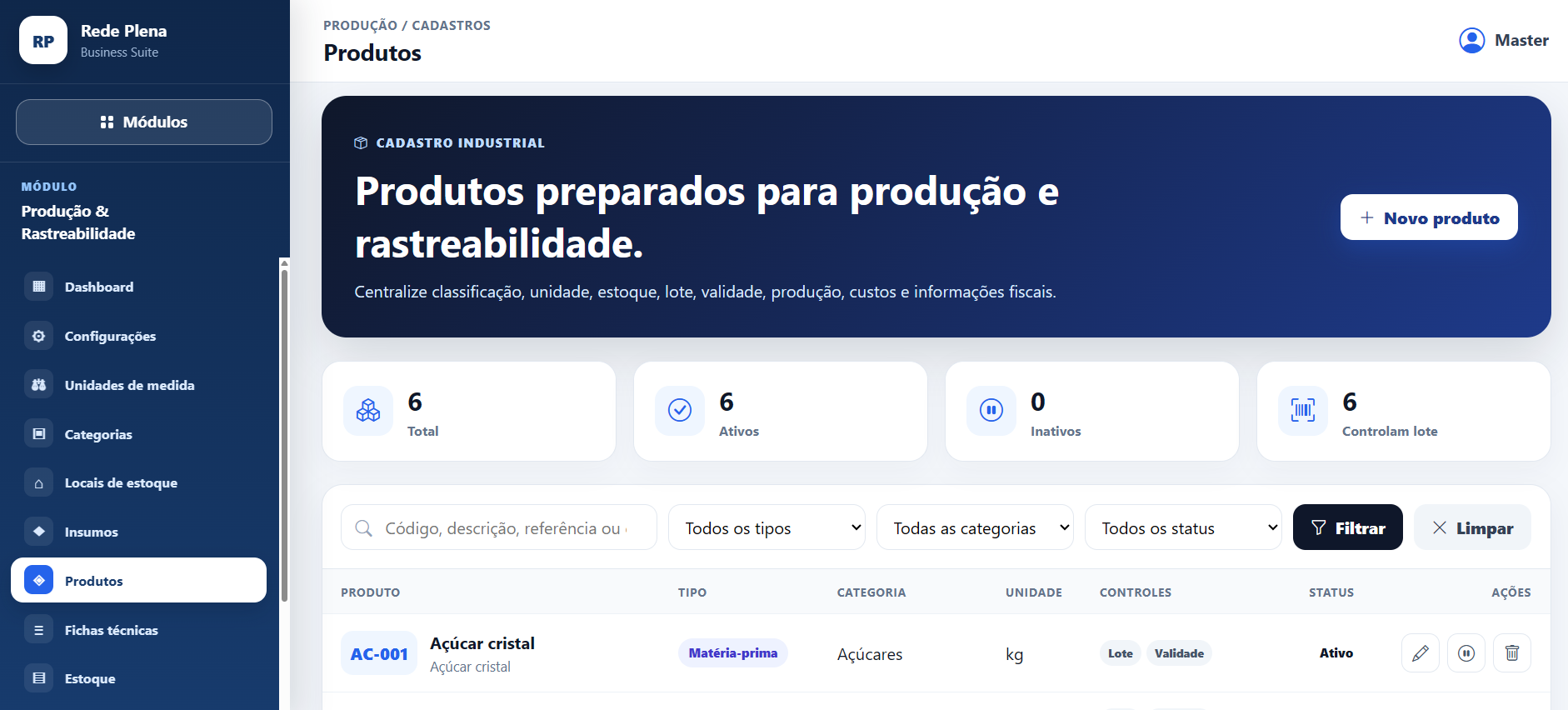 Sistema RPBS de Produção e Rastreabilidade com cadastro de produtos, lotes, validade e estoque