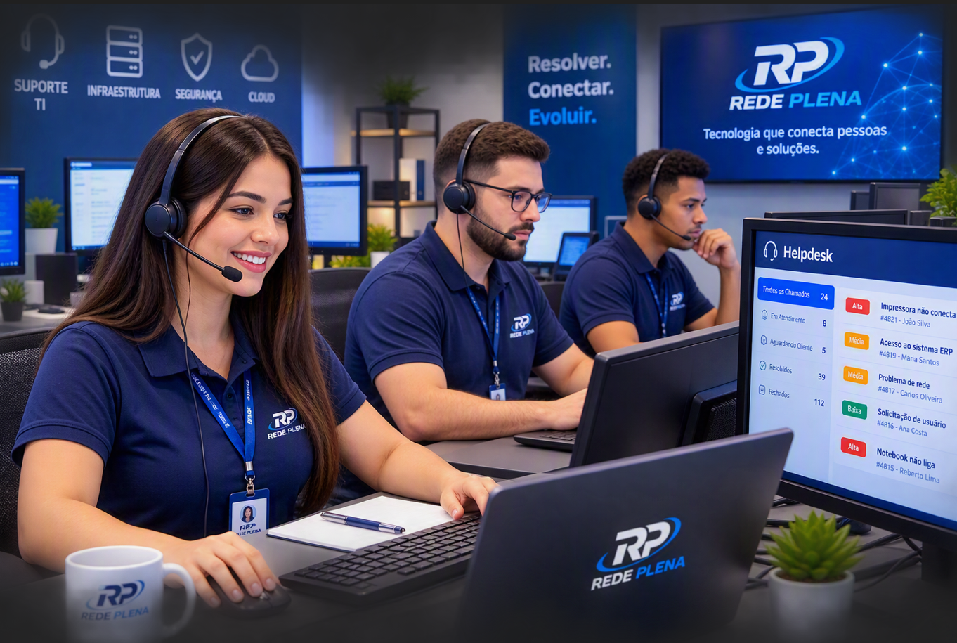 Equipe de suporte de TI atendendo empresas
